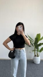 Zımba Boncuk Detaylı Crop - Siyah - Görsel 2