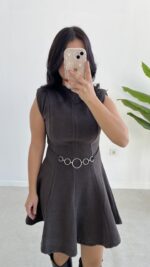 Zincir Aksesuarlı Vatkalı Selanik Elbise - Kahve - Görsel 8