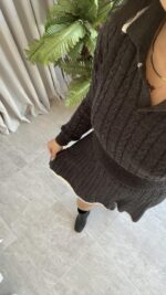 Antrasit Garnili Örgü Model Etek Kazak Takım - Görsel 10