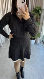 Antrasit Garnili Örgü Model Etek Kazak Takım - Görsel 4