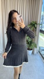 Antrasit Garnili Örgü Model Etek Kazak Takım - Görsel 6