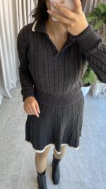 Antrasit Garnili Örgü Model Etek Kazak Takım - Görsel 8