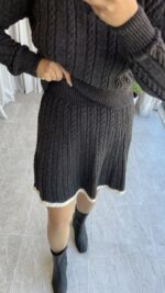 Antrasit Garnili Örgü Model Etek Kazak Takım - Görsel 9