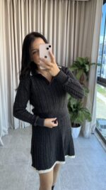 Antrasit Garnili Örgü Model Etek Kazak Takım - Görsel 3