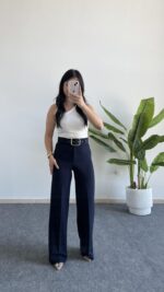 Caroline Kemerli Crep Pantolon - Lacivert - Görsel 3