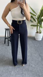 Caroline Kemerli Crep Pantolon - Lacivert - Görsel 5