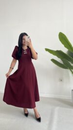 Çıkartılabilir Fiyonk Aksesuarlı Midi Elbise - Bordo - Görsel 4