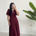 Çıkartılabilir Fiyonk Aksesuarlı Midi Elbise - Bordo