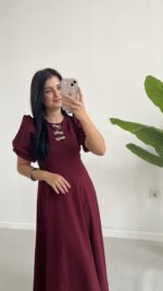 Çıkartılabilir Fiyonk Aksesuarlı Midi Elbise - Bordo - Görsel 7
