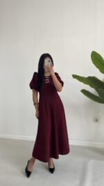 Çıkartılabilir Fiyonk Aksesuarlı Midi Elbise - Bordo - Görsel 6