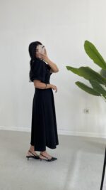 Çıkartılabilir Fiyonk Aksesuarlı Midi Elbise - Siyah - Görsel 6