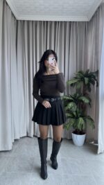 Evia Kaşkorse Madonna Yaka Bluz Kahverengi - Görsel 5