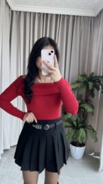 Evia Kaşkorse Madonna Yaka Bluz Kırmızı - Görsel 3