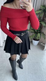 Evia Kaşkorse Madonna Yaka Bluz Kırmızı - Görsel 5