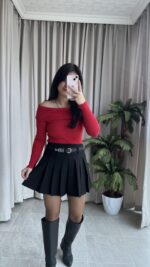 Evia Kaşkorse Madonna Yaka Bluz Kırmızı - Görsel 4