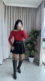 Evia Kaşkorse Madonna Yaka Bluz Kırmızı - Görsel 7