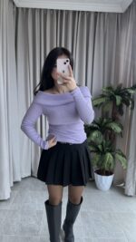 Evia Kaşkorse Madonna Yaka Bluz Lila - Görsel 7