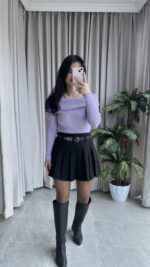 Evia Kaşkorse Madonna Yaka Bluz Lila - Görsel 5