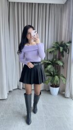 Evia Kaşkorse Madonna Yaka Bluz Lila - Görsel 4