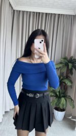 Evia Kaşkorse Madonna Yaka Bluz Mavi - Görsel 4