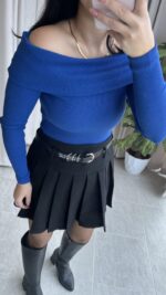 Evia Kaşkorse Madonna Yaka Bluz Mavi - Görsel 8