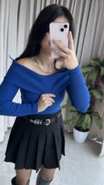 Evia Kaşkorse Madonna Yaka Bluz Mavi - Görsel 6