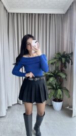 Evia Kaşkorse Madonna Yaka Bluz Mavi - Görsel 2