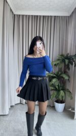 Evia Kaşkorse Madonna Yaka Bluz Mavi - Görsel 3