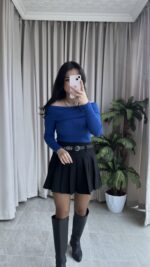 Evia Kaşkorse Madonna Yaka Bluz Mavi - Görsel 5