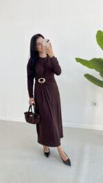 Gold Toka Detaylı Elbise - Acı Kahve - Görsel 12