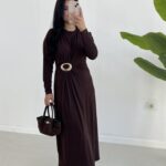 Gold Toka Detaylı Elbise - Acı Kahve