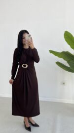 Gold Toka Detaylı Elbise - Acı Kahve - Görsel 4