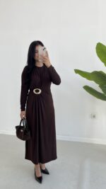 Gold Toka Detaylı Elbise - Acı Kahve - Görsel 9