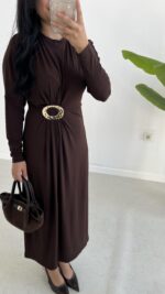 Gold Toka Detaylı Elbise - Acı Kahve - Görsel 11