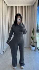 Gri Balıkçı Yaka Fitilli Triko Takım - Görsel 4