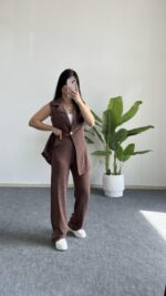 Helena Şal Yaka Yelek Pantolon İkili Takım - Kahverengi - Görsel 6