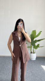 Helena Şal Yaka Yelek Pantolon İkili Takım - Kahverengi - Görsel 4