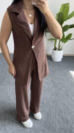 Helena Şal Yaka Yelek Pantolon İkili Takım - Kahverengi - Görsel 9