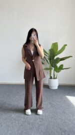 Helena Şal Yaka Yelek Pantolon İkili Takım - Kahverengi - Görsel 8