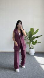 Helena Şal Yaka Yelek Pantolon İkili Takım - Gül Kurusu - Görsel 2