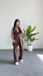 Helena Şal Yaka Yelek Pantolon İkili Takım - Kahverengi - Görsel 3