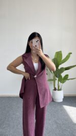 Helena Şal Yaka Yelek Pantolon İkili Takım - Gül Kurusu - Görsel 7