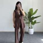 Helena Şal Yaka Yelek Pantolon İkili Takım - Kahverengi