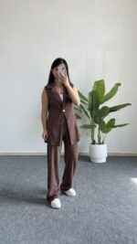 Helena Şal Yaka Yelek Pantolon İkili Takım - Kahverengi