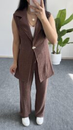 Helena Şal Yaka Yelek Pantolon İkili Takım - Kahverengi - Görsel 10