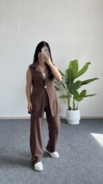 Helena Şal Yaka Yelek Pantolon İkili Takım - Kahverengi - Görsel 2