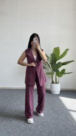 Helena Şal Yaka Yelek Pantolon İkili Takım - Gül Kurusu - Görsel 3