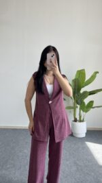 Helena Şal Yaka Yelek Pantolon İkili Takım - Gül Kurusu - Görsel 4