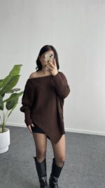 Lisa Yakası Taşlı Asimetrik Triko Bluz - Acı Kahve - Görsel 6