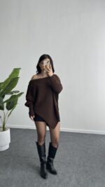 Lisa Yakası Taşlı Asimetrik Triko Bluz - Acı Kahve - Görsel 3